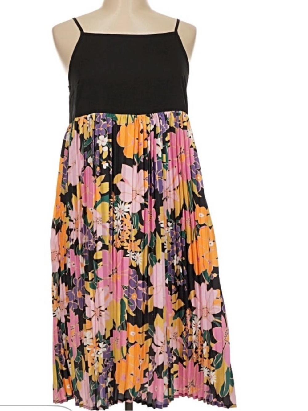 NWT! #829 GRACIA Black Spaghetti Bodice w Gorgeous Pleated Floral Midi Dress